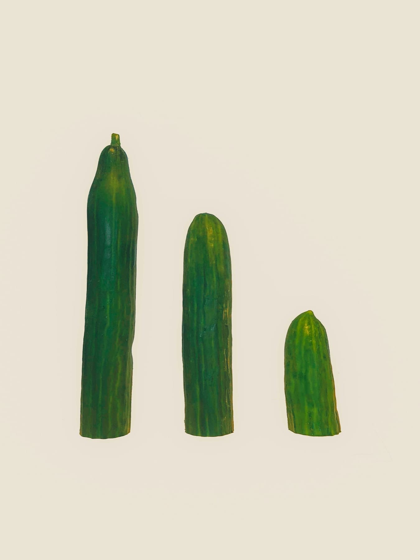 Three cucumbers of decreasing size standing side by side