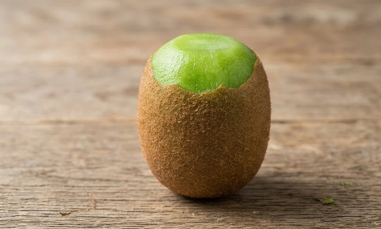 A kiwi fruit with the furry skin shaved away from the top, on a wooden table